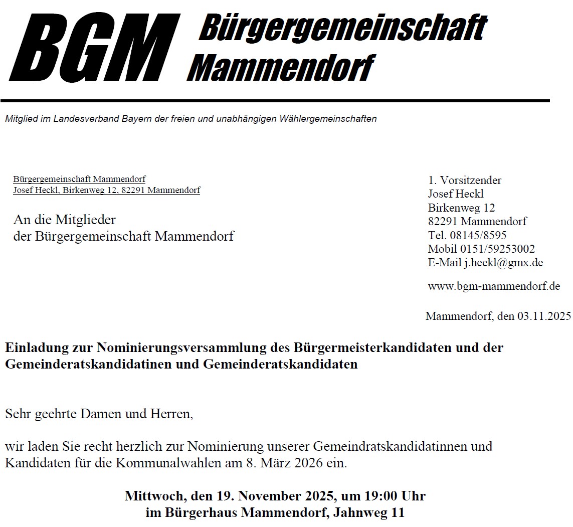 Einladung Nominierungsversammlung der Bürgergemeinschaft Einladung Nominierungsversammlung der Bürgergemeinschaft